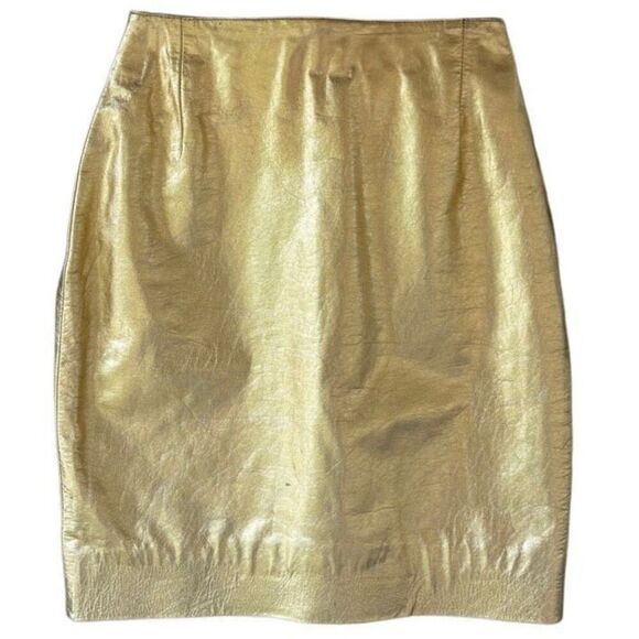 Vintage Genuine Leather Arrow Metallic Gold Pencil Skirt Pleated Back Slip Zip - Picture 1 of 8